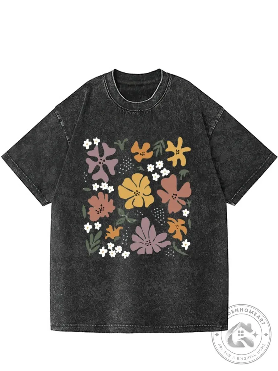 Vintage Hippie Floral Graphic Washed Black T-Shirt for Women