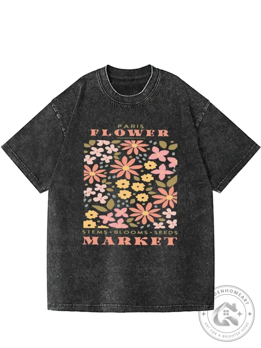 Paris Flower Market Vintage Washed Floral Graphic Design T-Shirt