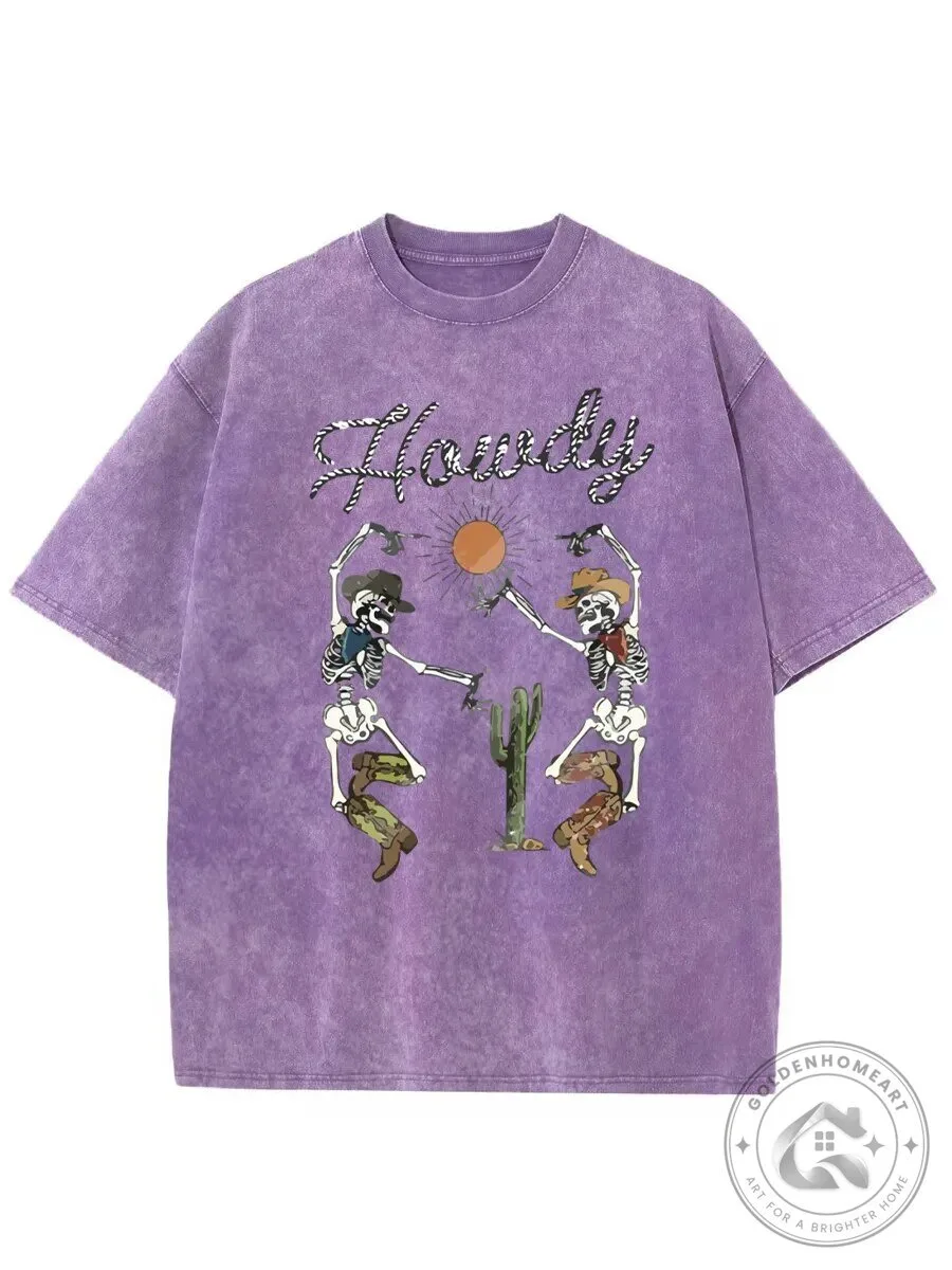 Howdy Skeleton Cowboy Western Dance Purple Washed T-Shirt