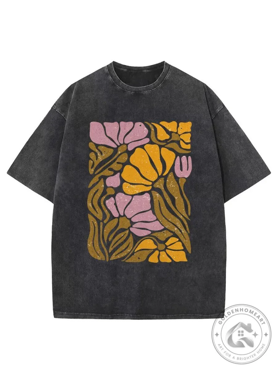 Vintage Boho Floral Pattern Washed Graphic T-Shirt for Women and Men
