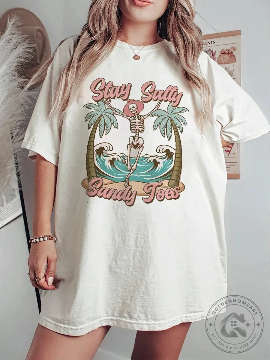 Stay Salty Sandy Toes Skeleton Surfing Beach Summer T-Shirt